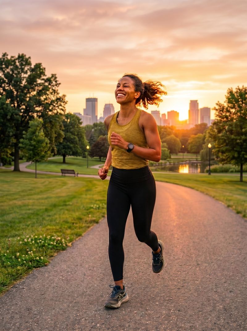 A woman running at sunrise